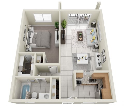 A top down view of a small apartment with a living room, kitchen, and bathroom.